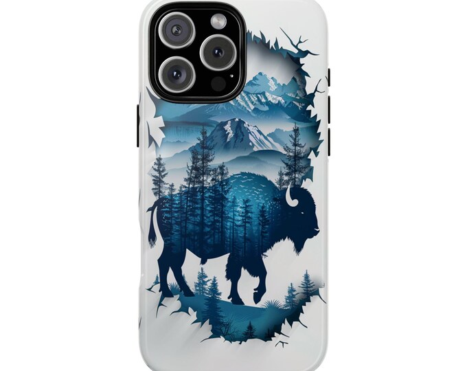Blue Buffalo Wilderness Trees Winter Bison Paper Cut Phone Case: iPhone, Galaxy, Pixel - Lifetime Warranty