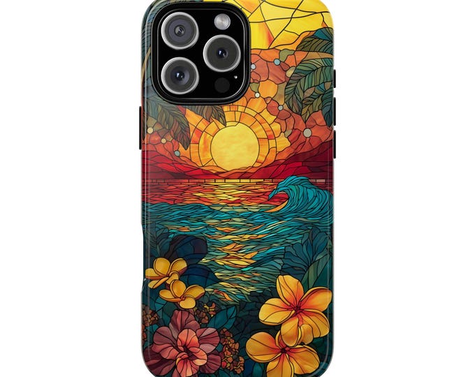 Sunrise Tropical Beach Stained Glass Ocean Artwork Phone Case: iPhone, Samsung Galaxy, Pixel - Lifetime Warranty