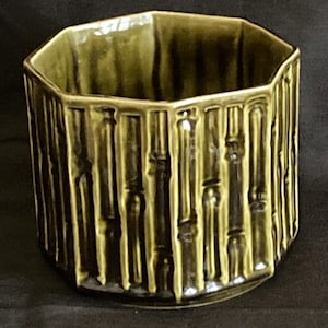 May include: A green ceramic planter with a bamboo-style design. The octagonal planter has a glossy finish. The vertical lines create a textured surface, adding visual interest to this decorative piece.