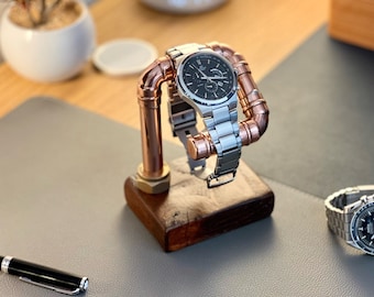 Copper & Wood Watch Stand, Industrial Handmade Watch Display Holder, Unique Gift for Collectors, Organiser for Desk, Bedroom, Office Storage