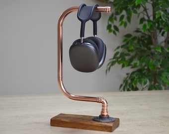 Copper Headphone Stand, Reclaimed Wood Base, Gaming Headset Hanger, Gift for Gamers & Music Lovers