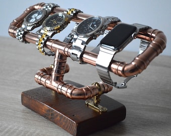 Copper & Wood Watch Stand, Industrial Handmade Watch Display Holder, Organiser for Desk, Bedroom, Office Storage