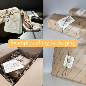 May include: Examples of packaging for items from The Yellow Magpie, a small business. The packaging is made of brown paper with a logo and text that says "The Yellow Magpie".