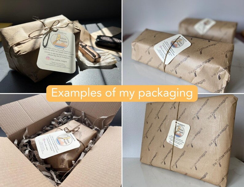 May include: Examples of packaging for items from The Yellow Magpie, a small business. The packaging is made of brown paper with a logo and text that says "The Yellow Magpie".
