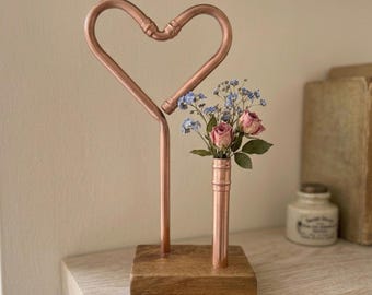 Copper Heart Decoration & Bud Vase for Dried Flowers on a Wooden Base