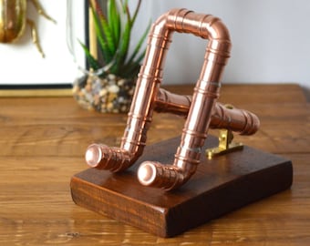 Mobile Phone Holder, Copper Pipe & Wood Industrial Desk Accessory, Unique Stand for Home Decor, Compatible with iPhone and Android