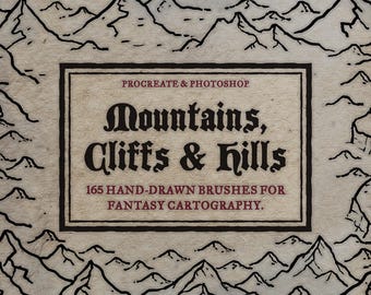 May include: A digital illustration of mountains, cliffs, and hills. The image is a promotional graphic for a set of 165 hand-drawn brushes for fantasy cartography. The text reads "Procreate & Photoshop Mountains, Cliffs & Hills 165 Hand-Drawn Brushes for Fantasy Cartography."