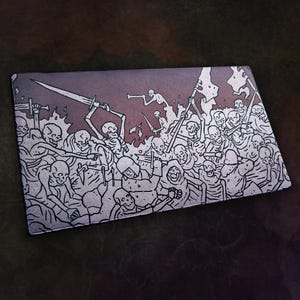 May include: A rectangular mousepad featuring a detailed illustration of a skeleton battle scene. The design is in shades of gray and white, with a dark purple background. Skeletons are depicted fighting with swords and flags.