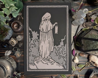 The Hermit | 12" x 18" Artist Print | Medieval-Style Illustration | Tarot, Occult Art, The Hermit