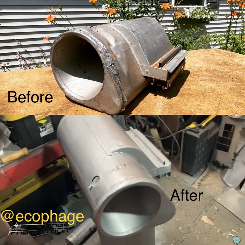 Op de afbeelding: Voor- en nafoto's van een metalen pijp die wordt geverfd. De pijp is zilver in de voorfoto en lichtgrijs in de nafoto. De tekst "@ecophage" is zichtbaar in de linkerbenedenhoek van de afbeelding.