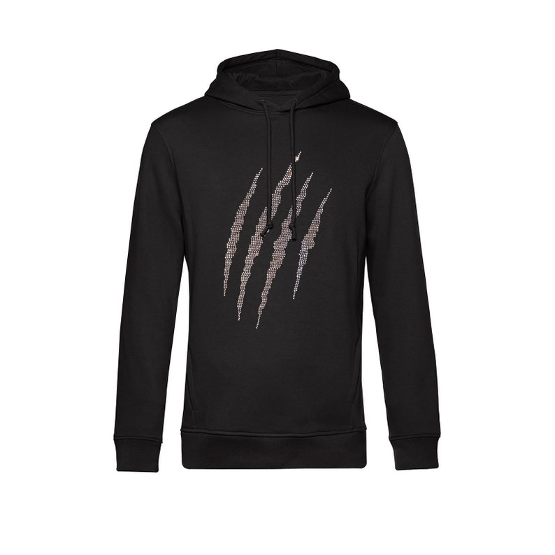 May include: Black hooded sweatshirt with a claw mark design. The claw marks are made of small, light-colored dots. The sweatshirt has a drawstring hood and a kangaroo pocket. A casual, comfortable garment.