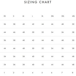 May include: A sizing chart with the title "SIZING CHART" in a sans-serif font. The chart includes size conversions for Germany, Italy, France, Russia, UK, U.S.A., and Japan. Sizes range from XS to 5XL.