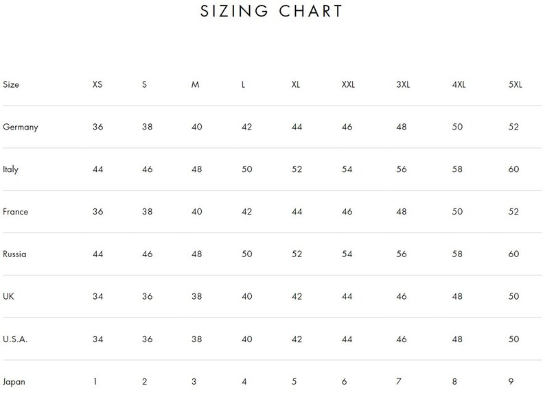May include: A sizing chart with the title "SIZING CHART" in a sans-serif font. The chart includes size conversions for Germany, Italy, France, Russia, UK, U.S.A., and Japan. Sizes range from XS to 5XL.