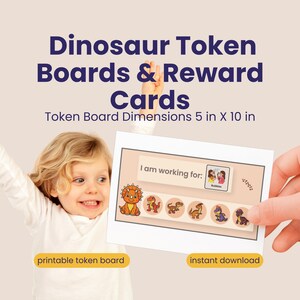 May include: A rectangular dinosaur token board and reward card featuring the text 'I am working for:' and a small icon of two people blowing bubbles. The board includes six circular dinosaur illustrations and measures 5 inches by 10 inches.