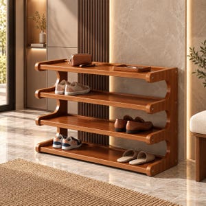 May include: A four-tier wooden shoe rack with a warm brown finish and curved side supports. The shelves hold various footwear, including sneakers, loafers, and slides, along with a small brown pouch and a rectangular tray on the top shelf.