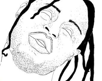 May include: Black and white line drawing of a person with their eyes closed and a relaxed expression. The person has long, dark hair that is pulled back from their face.