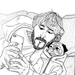 May include: A black and white line drawing of a man with a beard and a pug dog. The man is holding a smartphone in his hands and the dog is sitting on his chest.