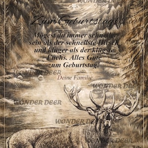Wandbild Urkunde Geburtstagskarte Geburtstagswünsche Kunstdruck auf Holz/Leinwand in einem Holzrahmen/Kunstoffrahmen Geschenk Jäger Hirsch