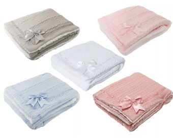 Cable Knit Blanket with bow -Personalised Baby Blanket Embroidered Name Design Baby Gift - New Baby arrival Baby Shower