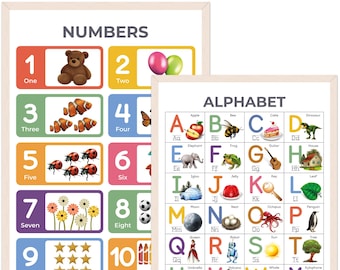May include: Two colorful educational posters with a white background. The first poster features the numbers 1 through 10 with a corresponding image for each number. The second poster features the alphabet with a corresponding image for each letter.