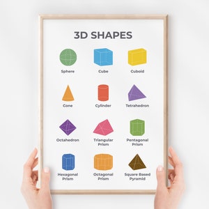 Póster de formas 3D, Carta de aprendizaje, Arte mural educativo, Decoración Montessori Homeschool, Tema del arco iris, Aula para niños, Descarga digital