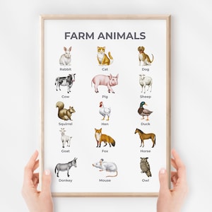 Póster de animales de granja, Tabla de aprendizaje, Arte mural de guardería educativa, Decoración Montessori Homeschool, Aula para niños, Descarga digital