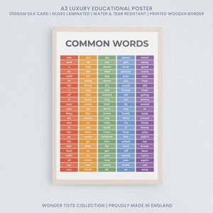 K&ouml;nnte beinhalten: Ein farbenfroher Lernposter mit dem Titel "Common Words" in schwarzer Schrift. Der Poster zeigt ein Regenbogen-Farbschema, wobei jede Spalte mit W&ouml;rtern in einer anderen Farbe dargestellt ist. Die W&ouml;rter sind alphabetisch geordnet und beinhalten g&auml;ngige W&ouml;rter wie "the", "and", "a", "to", "said", "in", "he", "of", "it", "was", "you", "they", "on", "she", "is", "for", "at", "his", "but", "that", "with", "we", "all", "can", "are", "up", "my", "her", "what", "there", "out", "this", "have", "went", "be", "like", "some", "so", "not", "then", "were", "go", "little", "as", "no", "mum", "one", "them", "do", "me", "down", "dad", "big", "when", "it's", "see", "looked", "very", "look", "don't", "come", "will", "into", "back", "from", "children", "him", "Mr", "get", "just", "now", "came", "oh", "about", "got", "their", "people", "your", "put", "could", "house", "old", "too", "by", "made", "day", "time", "I'm", "if", "help", "called", "Mrs", "here", "off", "asked", "saw", "make", "an", "water", "away", "good", "want", "over", "how", "did", "man", "going", "where", "would", "or", "took", "school", "think", "home", "who", "didn't", "ran", "know", "bear", "can't", "again", "cat", "long".