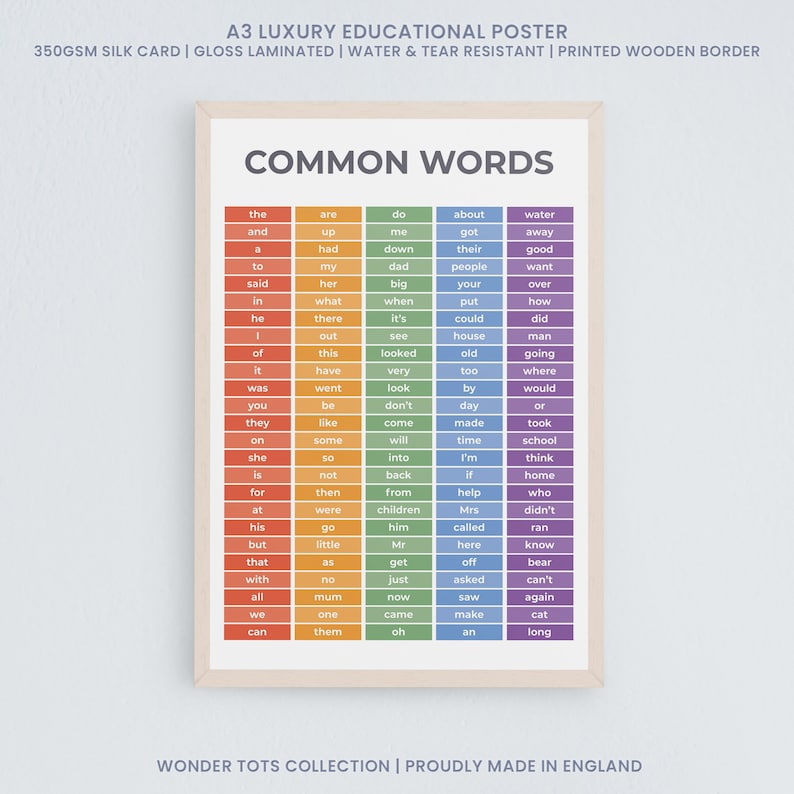 K&ouml;nnte beinhalten: Ein farbenfroher Lernposter mit dem Titel "Common Words" in schwarzer Schrift. Der Poster zeigt ein Regenbogen-Farbschema, wobei jede Spalte mit W&ouml;rtern in einer anderen Farbe dargestellt ist. Die W&ouml;rter sind alphabetisch geordnet und beinhalten g&auml;ngige W&ouml;rter wie "the", "and", "a", "to", "said", "in", "he", "of", "it", "was", "you", "they", "on", "she", "is", "for", "at", "his", "but", "that", "with", "we", "all", "can", "are", "up", "my", "her", "what", "there", "out", "this", "have", "went", "be", "like", "some", "so", "not", "then", "were", "go", "little", "as", "no", "mum", "one", "them", "do", "me", "down", "dad", "big", "when", "it's", "see", "looked", "very", "look", "don't", "come", "will", "into", "back", "from", "children", "him", "Mr", "get", "just", "now", "came", "oh", "about", "got", "their", "people", "your", "put", "could", "house", "old", "too", "by", "made", "day", "time", "I'm", "if", "help", "called", "Mrs", "here", "off", "asked", "saw", "make", "an", "water", "away", "good", "want", "over", "how", "did", "man", "going", "where", "would", "or", "took", "school", "think", "home", "who", "didn't", "ran", "know", "bear", "can't", "again", "cat", "long".