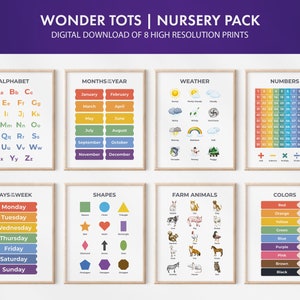 Conjunto de carteles educativos de guardería, 8 gráficos de pared de aprendizaje, impresiones de educación en el hogar, imprimibles Montessori, carteles para niños pequeños, decoración de la sala de juegos del arco iris