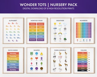 Nursery Educational Posters Set, 8 Learning Wall Charts, Homeschool Prints, Montessori Printables, Toddler Posters, Rainbow Playroom Decor