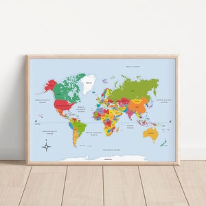 Póster del mapa del mundo, Carta de aprendizaje, Arte mural educativo, Imprimible para la educación en el hogar, Decoración Montessori, Aula para niños, Descarga digital