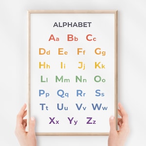Póster del alfabeto, Gráfico ABC, Arte de pared de guardería educativa, Decoración Montessori Homeschool, Tema del arco iris, Aula para niños, Descarga digital