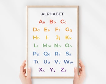 May include: A framed alphabet chart with colorful letters in a rainbow gradient. The letters are in lowercase and are arranged in alphabetical order. The chart is titled "ALPHABET".