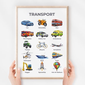 Póster de transporte, Carta de aprendizaje, Arte mural de guardería educativa, Decoración Montessori Homeschool, Tema del arco iris, Aula para niños, Descarga digital