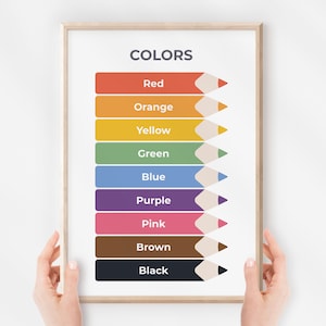 Póster de colores, Tabla de colores, Arte mural de guardería educativa, Decoración Montessori Homeschool, Tema del arco iris, Aula para niños, Descarga digital