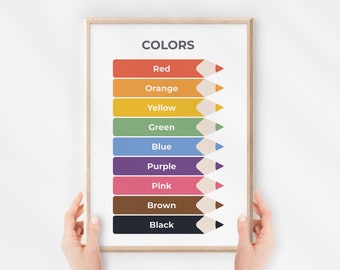 Colors Poster, Colours Chart, Educational Nursery Wall Art, Montessori Homeschool Decor, Rainbow Theme, Kids Classroom, Digital Download