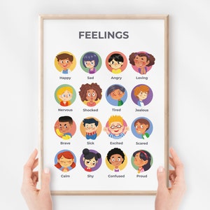 Cartel de sentimientos, gráfico de emociones, arte de pared de sala de juegos educativos, decoración Montessori, educación en el hogar imprimible, impresión de guardería, descarga digital