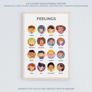 K&ouml;nnte beinhalten: Ein farbenfroher Lerntafel mit Illustrationen von Kindergesichtern, die verschiedene Emotionen ausdr&uuml;cken. Die Tafel tr&auml;gt den Titel "Feelings" und enth&auml;lt W&ouml;rter wie "Happy", "Sad", "Angry", "Loving", "Nervous", "Shocked", "Tired", "Jealous", "Brave", "Sick", "Excited", "Scared", "Calm", "Shy", "Confused" und "Proud".