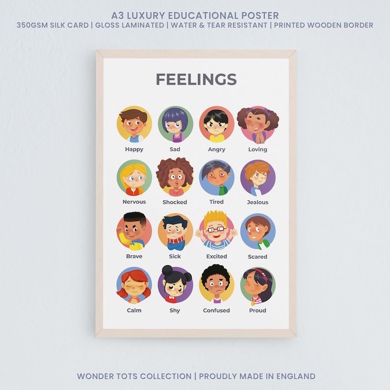 K&ouml;nnte beinhalten: Ein farbenfroher Lerntafel mit Illustrationen von Kindergesichtern, die verschiedene Emotionen ausdr&uuml;cken. Die Tafel tr&auml;gt den Titel "Feelings" und enth&auml;lt W&ouml;rter wie "Happy", "Sad", "Angry", "Loving", "Nervous", "Shocked", "Tired", "Jealous", "Brave", "Sick", "Excited", "Scared", "Calm", "Shy", "Confused" und "Proud".