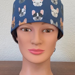 Unisex or Men’s Scrub Hat-French Bulldogs on Blue Organic Cotton Fabric-USA Made-Scrub Caps-Surgical Cap-Nurse-Doctor-Medical
