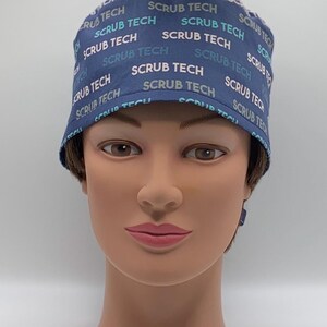Unisex or Men’s Scrub Hat-Scrub Tech on Blue Organic Cotton Sateen Fabric-USA Made-Scrub Caps-Surgical Cap-Medical-operating room