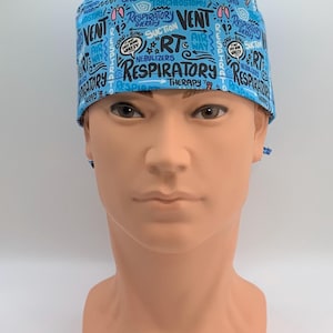 Respiratory Terms on Blue Unisex or Mens Scrub Hat on Organic Cotton Fabric-Scrub Cap-Surgical Cap-Nurse-Doctor-Therapist-Technician
