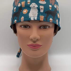 Unisex or Men’s Scrub Hat-Poodles and Coffee on Teal Organic Cotton Fabric-USA Made-Scrub Caps-Surgical Cap-Nurse-Doctor-Medical