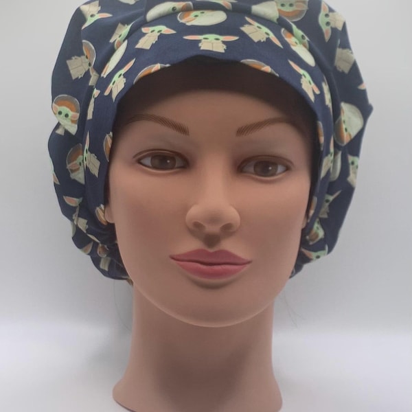 Bouffant or Euro style Scrub Hat made from licensed Disney Star Wars The Child-Grogu-Mandalorian cotton-Surgical Cap-Medical Hat-Nurse-Dr.