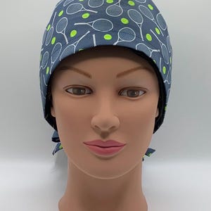 Tennis Rackets and Balls on Navy Blue Euro or Bouffant Scrub Hat-USA Made-Scrub Cap-Surgical Cap-Nurse-Doctor-Anesthesiologist-Veterinarian