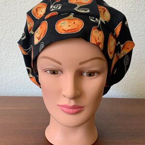Bouffant or Euro Style Scrub hat- Jack O Lantern Halloween Fabric-USA Made-Scrub Caps-Surgical Cap-Nurse-Vet-Chemo-Dental-Baking