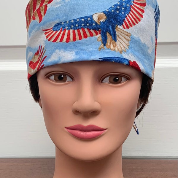 Unisex or Men’s Scrub-American Flag Eagles Cotton Fabric-USA Made-Scrub Caps-Surgical Cap-Medical Hat-Nurse-Vet-Chemo