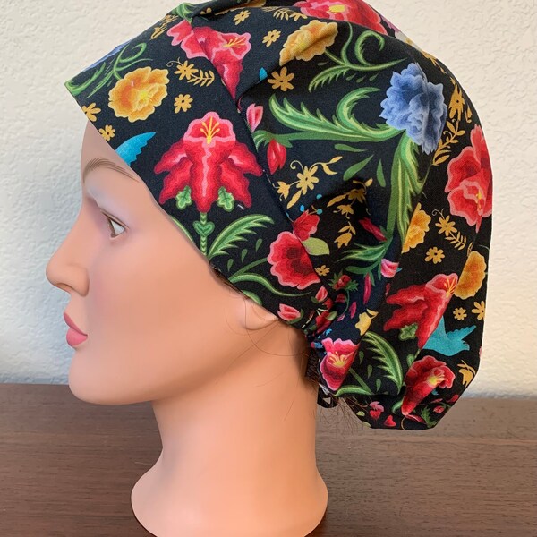 Bouffant Scrub- made with licensed Frida Kahlo Floral Fabric-USA Made-Scrub Caps-Surgical Cap-Nurse-Vet-medical