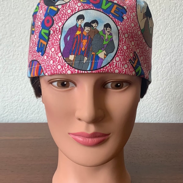 Unisex or Men’s Scrub Hat made from licensed Beatles cotton fabric -USA Made-Scrub Caps-Surgical Cap-Nurse-Vet-Chemo-Dental