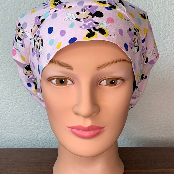 Bouffant Scrub Hat made from licensed  Disney Minnie Mouse Pink Dot fabric-USA Made-Scrub Caps-Surgical Cap-Nurse-Vet-Chemo-Dental-Baking